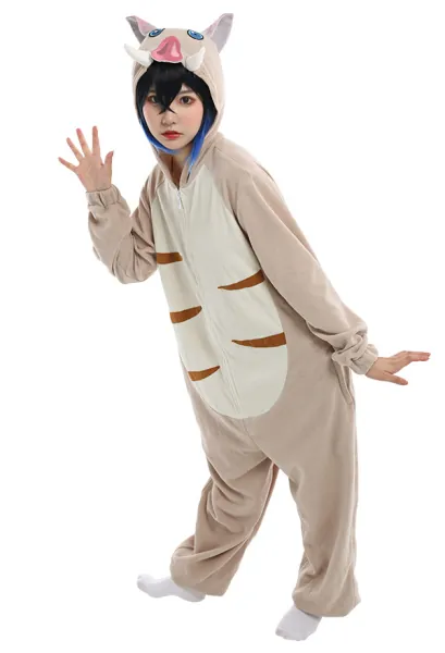 Women Adult Inosuke Hashibira Hooded Long Sleeve Pajama Kigurumi Outfits Onesie Cosplay Costume