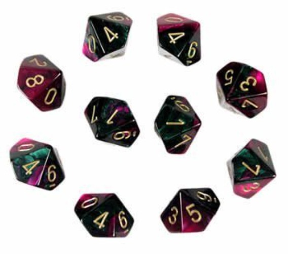 Chessex Dice Sets: Gemini Green & Purple with Gold - Ten Sided Die d10 Set (10)