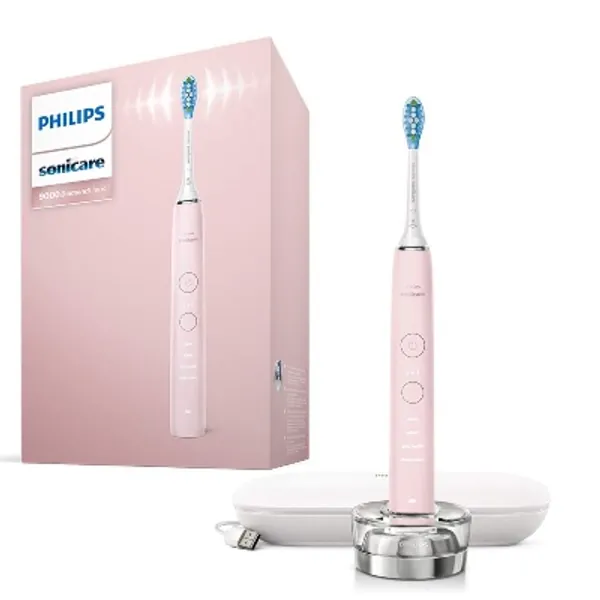 Philips Sonicare DiamondClean 9000 Pink Electric Toothbrush, 2020 Edition, 4 Modes, 3 Intensities, Gum Pressure Sensor, App, Connected Handle, USB Travel Case, UK 2-Pin Bathroom Plug - HX9911/53