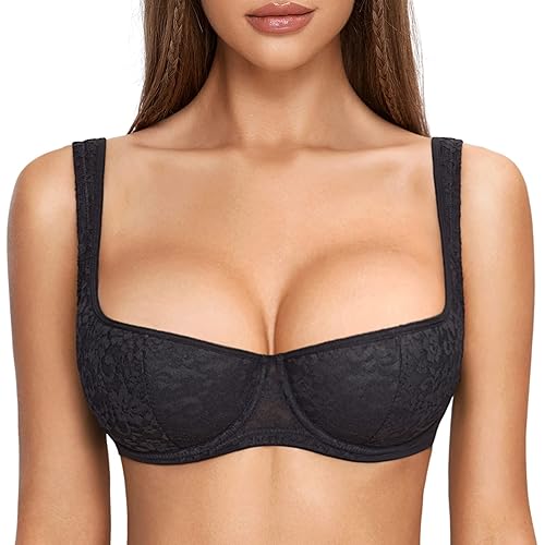 DOBREVA Femme Soutien Gorge Balconnet Push up avec Armature Sexy en Dentelle Légèrement Rembourré - 110D - Noir