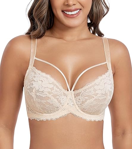 DotVol Soutien-Gorge Femme Quotidien sans rembourré Confortable Grande Taille sous-vêtements Dentelle avec Lacets - 110D - Beige