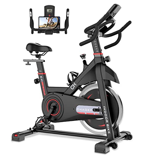 Exercise Bike Stationary, CHAOKE Indoor Cycling Bike with Heavy Flywheel, Comfortable Seat Cushion, Silent Belt Drive, iPad Holder and LCD Monitor for Home Gym Cardio Workout Training - Red