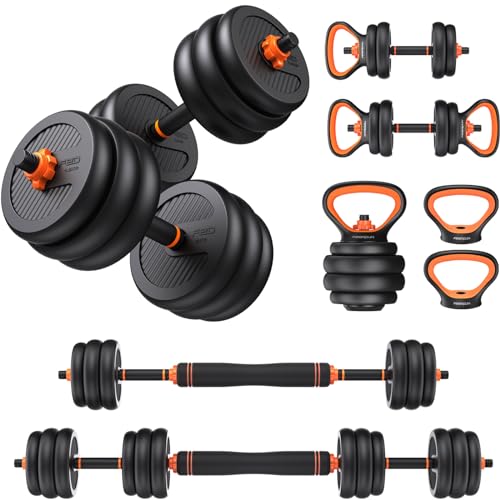 FEIERDUN Adjustable Dumbbells, 20/30/40/50/70/90lbs Free Weight Set with Connector, 4 in1 Dumbbells Set Used as Barbell, Kettlebells, Push up Stand, Fitness Exercises for Home Gym Suitable Men/Women - B.30LB(15LB Pair)