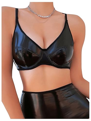 SHENHE Women's PU Faux Leather Push Up Brassieres Spaghetti Strap Underwire Bras - Large - Black