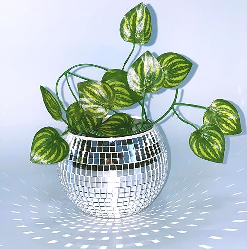 Qiumyanlod Small Disco Ball Planter,Disco Ball Vase,Disco Ball Plant Pot,Glass Silver Mirror Ball Planter,Disco Candle Holder,Disco Pen Holder,Disco Decor for Table,Party,Bar,Office,3 * 4 * 4inch
