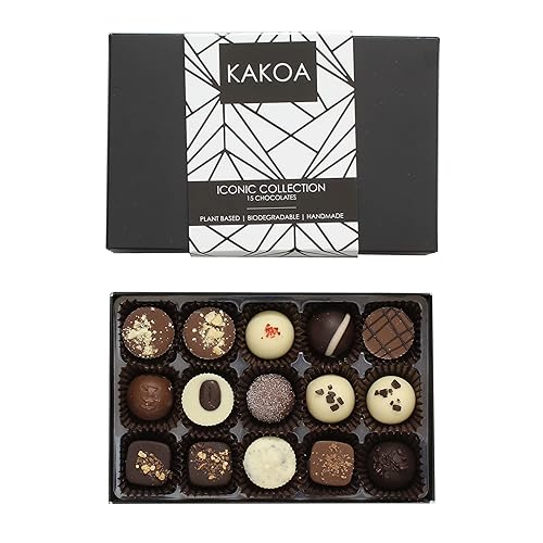 Kakoa Iconic Vegan Chocolate Selection Box - 15 Chocs | Brownie, Coffee, Caramel, Liqueur | Plant Based Luxury Chocolates For Special Occasions | Gifts for Vegans, Vegetarian, Dairy Free Diets - 15 - Iconic Vegan Chocolate