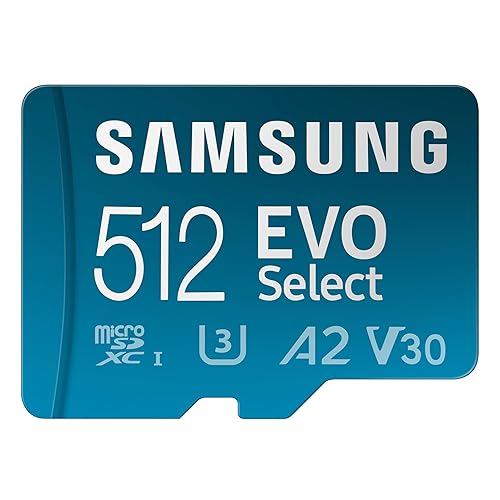 SAMSUNG EVO Select microSDMemory Card + Adapter, 512GB microSDXC, Up-to 160 MB/s, 4K UHD, UHS-I, C10, U3, V30, A2, for Mobile Phone, Smartphones, Nintendo-Switch, and Tablets (MB-ME512SA/AM) - 512GB - New Generation - up to 160 MB/s