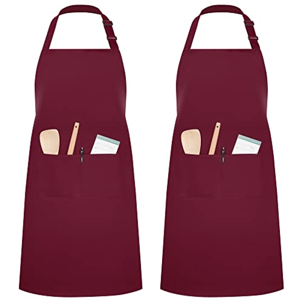 InnoGear 2 Pack Unisex Adjustable Bib Apron with 2 Pockets Cooking Kitchen Chef Women Men Aprons for Home Kitchen, Restaurant, Coffee house (Wine, Polyester)