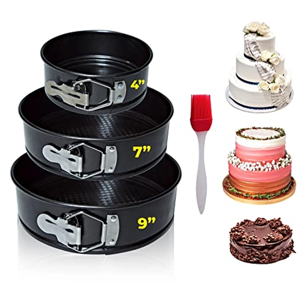 PAPA'S MALL 4 Pcs Non Stick Cake Tin (4,7,9 Inches) Set, Quick-Release Latch Cake tins for Baking, with 1PC Oil Brush, High Temperature Resistant Cake pan Set