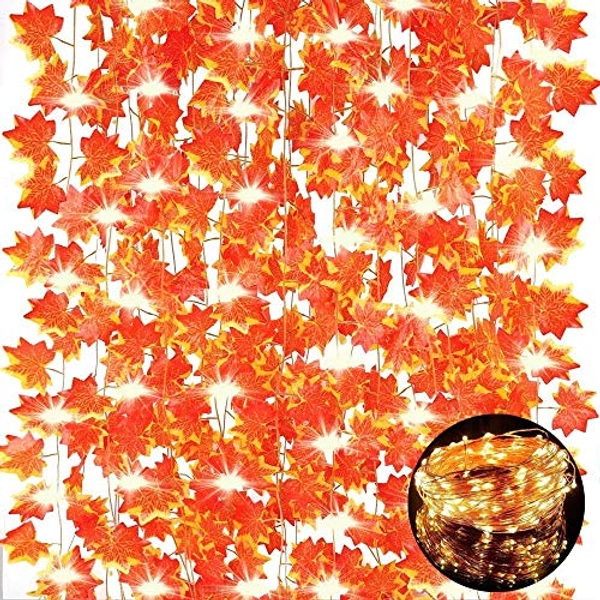 12 Pack Artificial Maple Leaf Garlands with 100 LED Fairy String Lights, 84Ft Artificial Fall Leaves Hanging Vines Autumn Garland for Thanksgiving Decorations Fireplace Mantel Wedding Thanksgiving