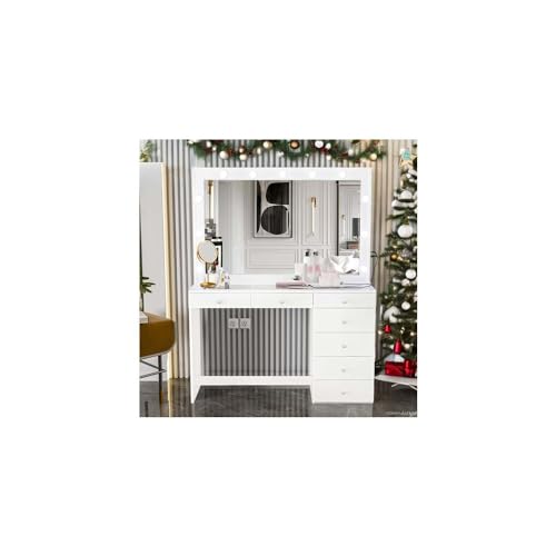 Boahaus Serena Large Makeup Vanity with Hollywood Lights Built-in, 7 Drawers, Wide Hollywood Mirror, Glam Glass Top, White Vanity Makeup Desk for Bedroom, 58.2'' Hx47.3'' Wx16.9'' D