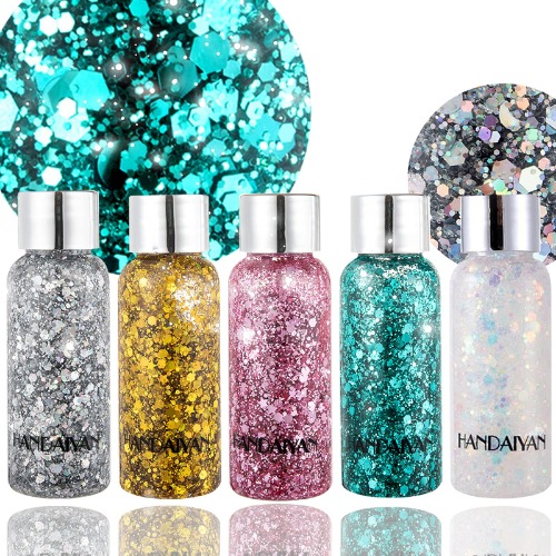 Body Glitter Holographic Glitter Liquid for Festival Make Up,Face Glitter Sequins Chunky for Hair and Eyeshadow Long-Lasting No Glue Needed and Easy to Remove. - 5 color