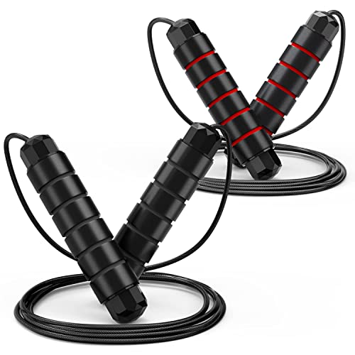 Jump Rope, Tangle-Free Rapid Speed Jumping Rope Cable with Ball Bearings for Women, Men, and Kids, Adjustable Steel Jump Rope Workout with Foam Handles for Fitness, Home Exercise & Slim Body - Black+Red