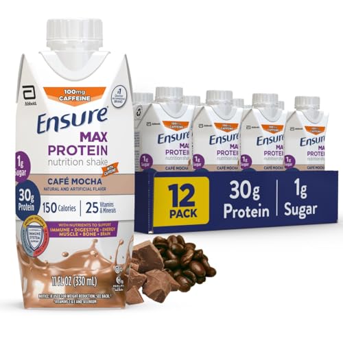 Ensure Max Protein Nutrition Shake with 30g of Protein, 1g of Sugar, High Protein Shake, Milk Chocolate, 11 Fl Oz (Pack of 12), Liquid, Halal - Cafe Mocha - Nutrition Shake