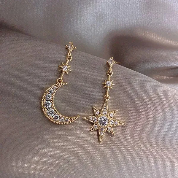 Sterling Silver 925 Star Moon Miss Match Earrings | Gold Celestial Dangle Drop Earrings