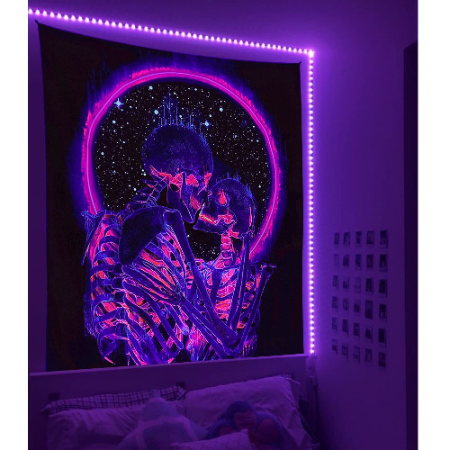 Manicer Blacklight Skull Tapestry, The Kissing Lovers Tapestry UV Reactive Trippy Neon Tapestries Glow in the Dark Party Backdrop, Skeleton Wall Art for Bedroom Living Room – 29.5” x 39.4”