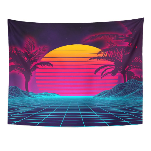 TOMPOP Tapestry Retro Futuristic Neon Landscape 1980S Digital Cyber 80S Party Sci Neon Home Decor Wall Hanging for Living Room Bedroom Dorm 60x80 Inches - 60" x 80"