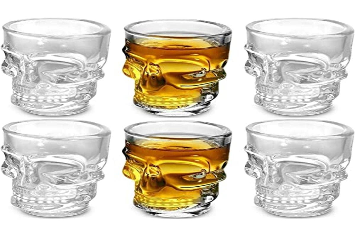 Circleware Skull Face Heavy Base Whiskey Shot Glasses, Set of 6, Party Home and Entertainment Dining Beverage Drinking Glassware for Brandy, Liquor, Bar Decor, Jello Cups, 1.75 oz, Clear - 