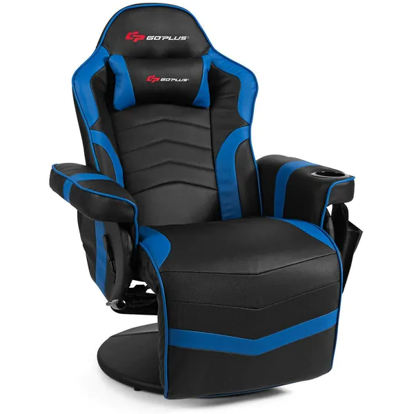 Goplus Massage Gaming Chair, Racing Style Gaming Recliner w/Adjustable Backrest and Footrest, Ergonomic High Back PU Leather Computer Office Chair Swivel Game Chair w/Cup Holder and Side Pouch - Blue