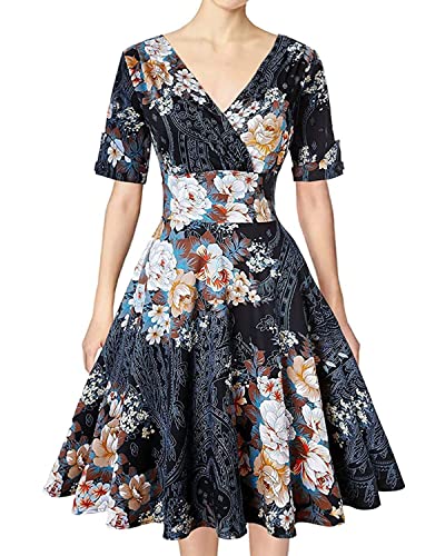 MINTLIMIT Women's 1950s Vintage Wrap V Neck Half Sleeve Retro Cocktail Swing Dress Plain A-line Dresses - Medium - Black Blue
