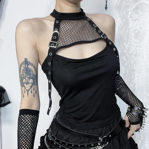 Black Dark Alt Fishnet Top - black / L