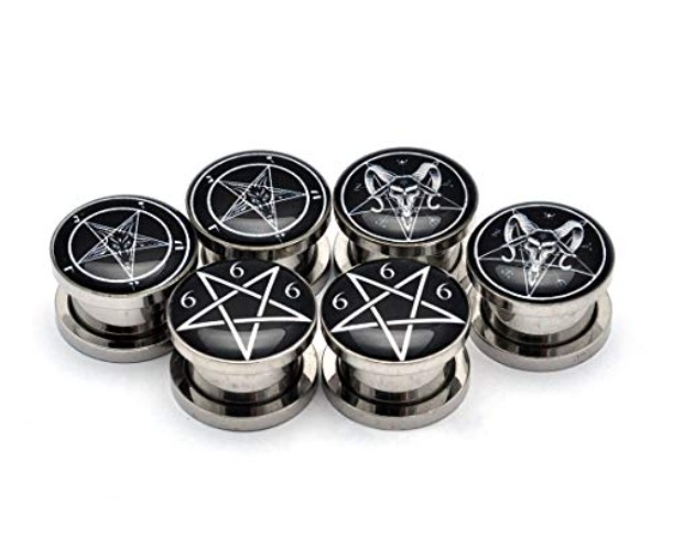 Mystic Metals Body Jewelry Set of 3 Pairs Screw on Baphomet Pentagram Plugs - All 3 Pairs Included - 00g (10mm)