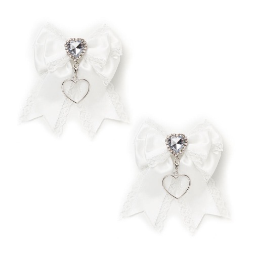 キラキラハートビジュー2個セットリボンクリップ | ホワイト / F