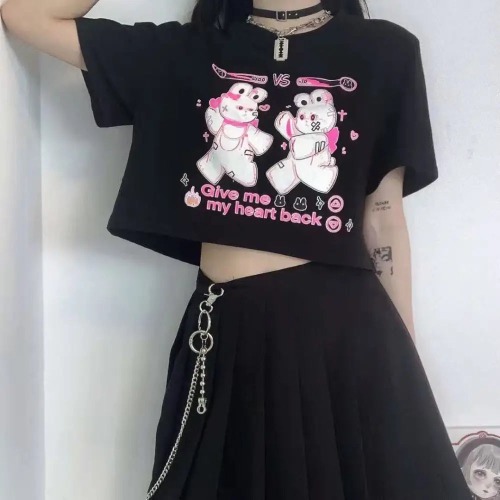 Sickly Sweet Pastel Goth Crop Top with Fighter Bunny Design - Black / XL