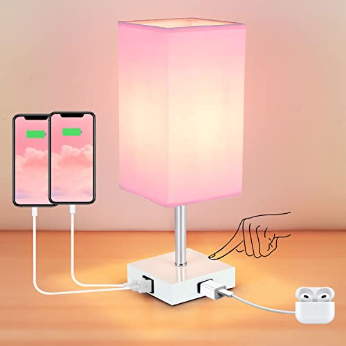 Woderdeng Bedside,Table Lamp with 2 USB Port and Outlet, 3 Way Dimmable Touch Lamp with White Base and Pink Shade, Nightstand Lamp for Bedrooms Living Room (Bulb Included), Pink - Pink