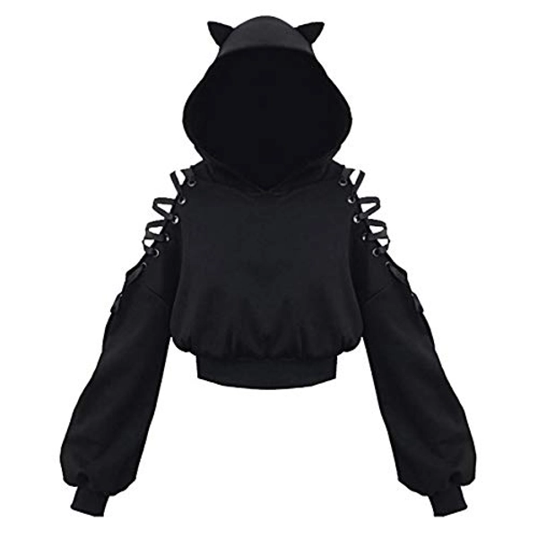 Didadihu Damen Cat Ears Black Hoodie Langarm Kapuzenpullover Sweatshirt Hollow Out Gothic Tops Bluse - L - 01-schwarz