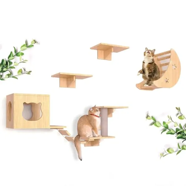 Aoparts Cat Wall Shelves, DIY Wall Mounted Cat Furniture, Natural Pine Wood, Includes 2 Cat Houses, 4 Shelves, 2 Ladders, 1 Scratching Post, Ideal for Large Breeds