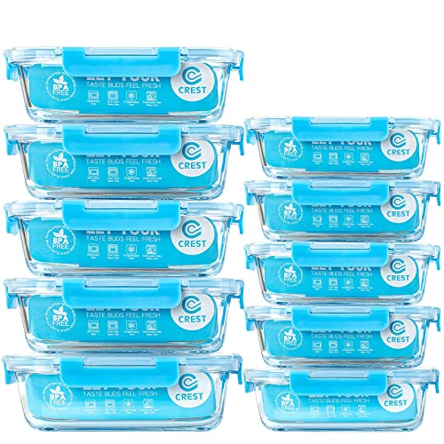 C CREST Glass Meal Prep Containers, [10 Pack] Glass Food Storage Containers with Lids, Airtight Glass Bento Boxes, BPA Free & Leak Proof (10 Lids & 10 Containers) - Blue
