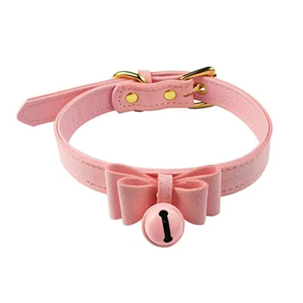 
                            Nydotd Pink Bell Choker Adjustable Collar Necklace Lolita Bow Collar Velvet Cat Cosplay Kitty PU Leather Choker with Bell for Girl Women Pet Dog Cat Halloween Costume Accessories
                        