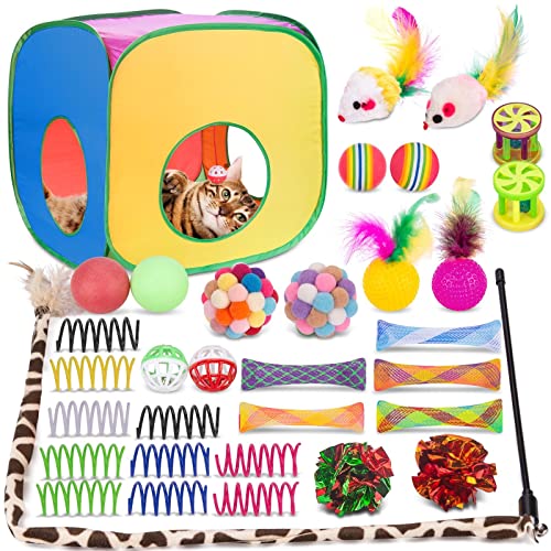 Retro Shaw Cat Toys for Large Cats, Interactive Cat Kitten Toys for Indoor Cats Kitty with Collapsible Cat Play Tunnel Tube Tent Cat Feather Wand Teaser Cat Bell Fuzzy Ball Springs Mouse Toys - For cats over 12lbs
