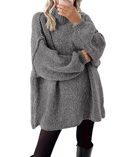 BTFBM Women's Long Pullover Sweaters 2024 Fall Winter Mock Neck Long Sleeve Thick Oversized Casual Knitted Jumper Tops - Grey - Medium