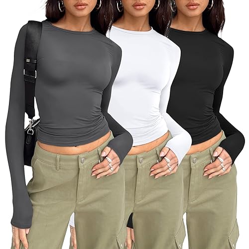 AUTOMET Womens Long Sleeve Shirt Basic Crop Tops Fall Fashion Underscrubs Layer Slim Fit Winter Clothes - Black,white,gray - Small