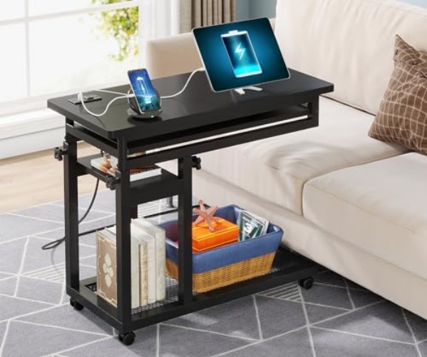 Tribesigns Small Portable Desk with Power Outlet, Height Adjustable Sofa Couch Bedside Laptop Table with Wheels, Mobile Standing Desk Rolling Computer Cart C Side Table with USB Ports - Black