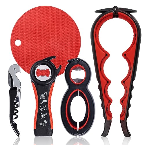 Bottle Can and Jar Grip Opener 5 Pack, Multi Kitchen Tools Set for Weak Hands, Children, Seniors with Arthritis, Lid Opener for Children, with Silicone Handle (Red) - Red