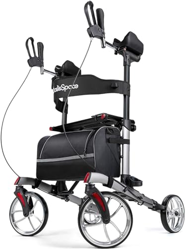 OasisSpace Upright Walker for Seniors - 10” Front Wheels Upright Rollator Walker with Seat and Padded Armrest, Folding Stand Up Walker Support up 300lbs,Gray - Gray