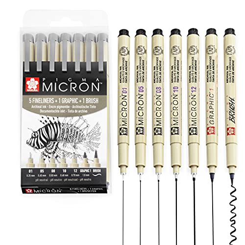SAKURA Pigma Micron - Pigment Fineliner Pens - Black Ink - Wallet Sets (Mixed x 7, Black)