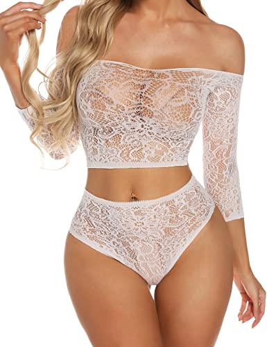 RSLOVE Women Sexy Mesh Lingerie Fishnet Babydoll Free Size Bodysuit See Through Shirts Long Sleeve - One Size - White-Lace