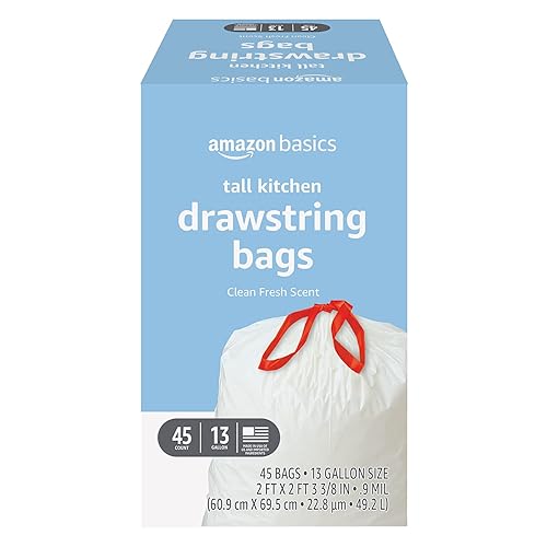 Amazon Basics Tall Kitchen Drawstring Trash Bags, Clean Fresh Scent, 13 Gallon, 45 Count, Pack of 1 - Clean Fresh - 45 Count (Pack of 1)