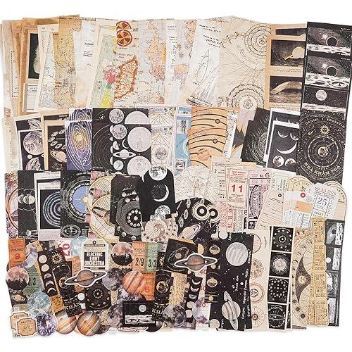 Knaid Vintage Scrapbook Supplies Pack (200 Pieces) for Witchy Junk Journal Bullet Journals Planners Space Moon Paper Stickers Craft Kits Collage (Celestial) - Celestial