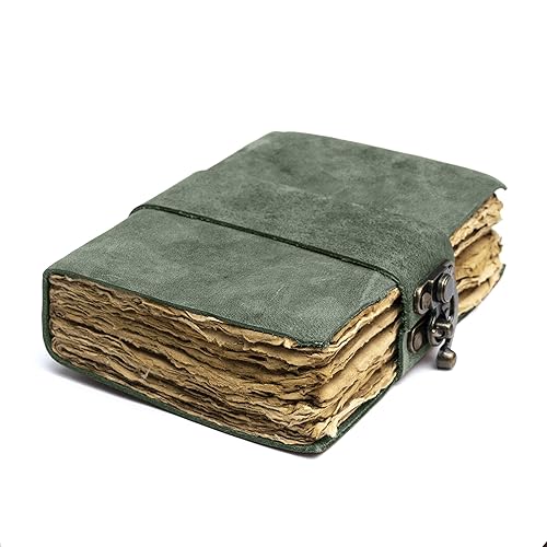 NomadCraftsCo. Vintage Leather Journal - Lock Closure, Book of Shadows Journal, Grimoire Journal, Witch Journal, Vintage Journal 240 pages Antique Deckle Edge Paper - 9" x 6" - Green