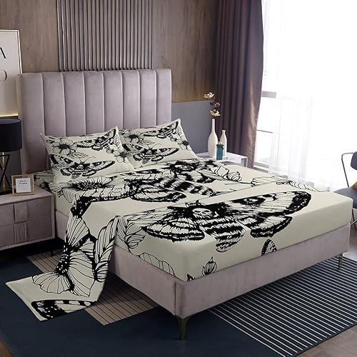 Feelyou Gothic Skull Bedding Set Decorative Death Moth and Flowers Sheet Set Queen Size for Kids Teens Adults Bedroom Decor Breathable Pesonalized Skeleton Bones Bed Sheet Set Black Cream Bed Sheets - Multi 946 - Queen