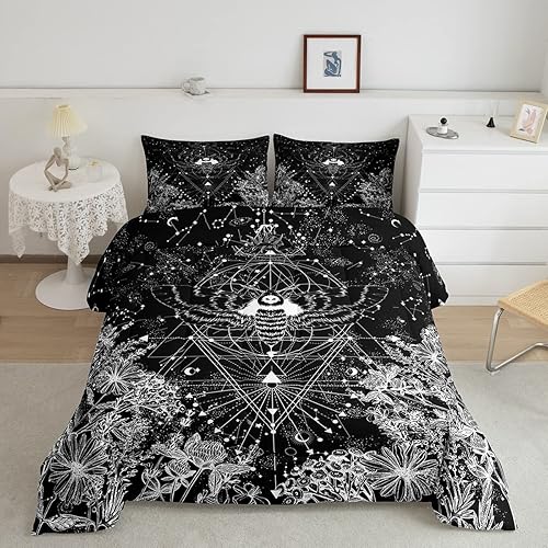 Erosebridal Gothic Moth Bedding Sets Queen, Sun and Moon Comforter Set Trippy Galaxy Duvet Insert Starry Sky Quilt Comforter, Hippie Bohemian Down Comforter Psychedelic Astrology Quilt Sets 3Pcs, Soft - Color 07 - Queen