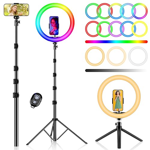 PEYOU 12"/186 cm Selfie Ringlicht mit Stativ Handy,【3-in-1】 Ring Light mit（Tischstativ） 48 RGB-Modi,Dimmbare Handy Stativ mit Ringlicht,stativ für Smartphone für Tiktok YouTube Makeup Fotografie - 186CM