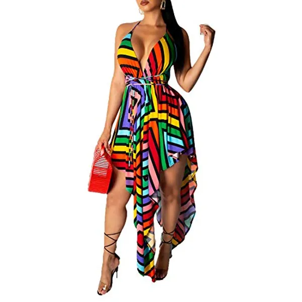 IyMoo Women's Halter Neck Spagehtti Strap Backless Bandage Printed High Low Beach Party Maxi Dress