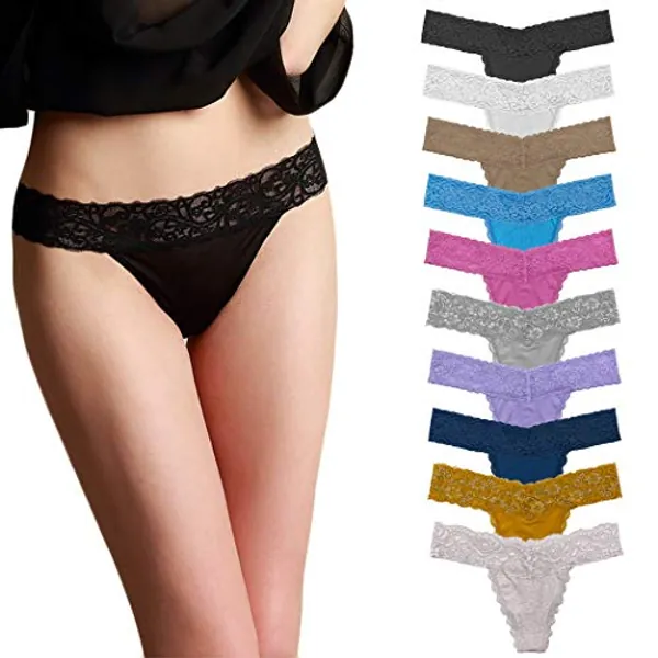 Pmrxi Pack 10 Lace Thong for Women Plus Size Panties Low Waist Cotton Thongs For Woman Tangas Underwear Assorted Colors
