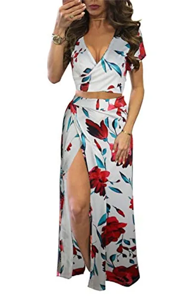Aro Lora Women's Sexy V Neck Floral Printed Side Slit Two-Piece Maxi Dress